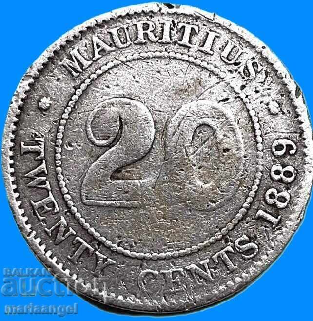 Mauritius 1889 20 cenți Victoria Anglia colonială argint