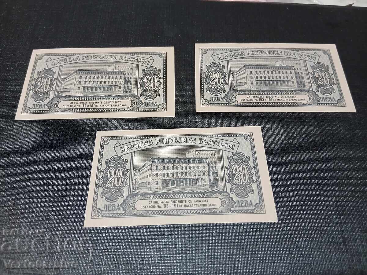 BANCNOTĂ-BANCNOTE-20 LEVA 1947. 3 BUCĂȚI. UNC. FĂRĂ CIRCULAȚIE cu preț € 30.00 | 58.68 BGN BANCNOTĂ-BANCNOTE-20 LEVA 1947. 3 BUCĂȚI. UNC. FĂRĂ CIRCULAȚIE cu preț € 30.00 | 58.68 BGN