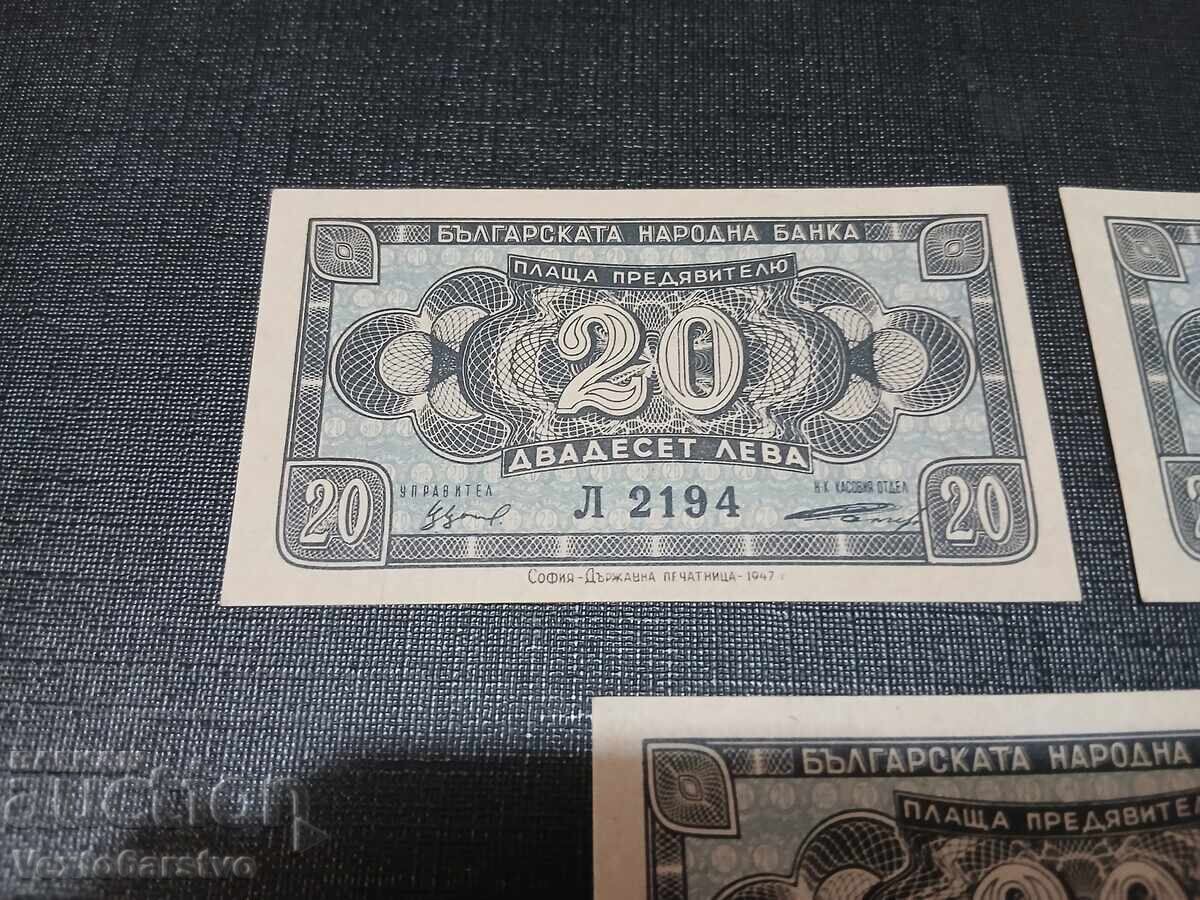 Licitație BANCNOTĂ-BANCNOTE-20 LEVA 1947. 3 BUCĂȚI. UNC. FĂRĂ CIRCULAȚIE Licitație BANCNOTĂ-BANCNOTE-20 LEVA 1947. 3 BUCĂȚI. UNC. FĂRĂ CIRCULAȚIE