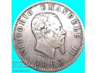 Италия 1 лира  Герб 1863 М - Милан  сребро