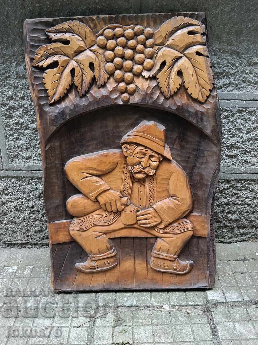 Auction Unique large wooden panel wood carving - grandfather pouring rakia Auction Unique large wooden panel wood carving - grandfather pouring rakia