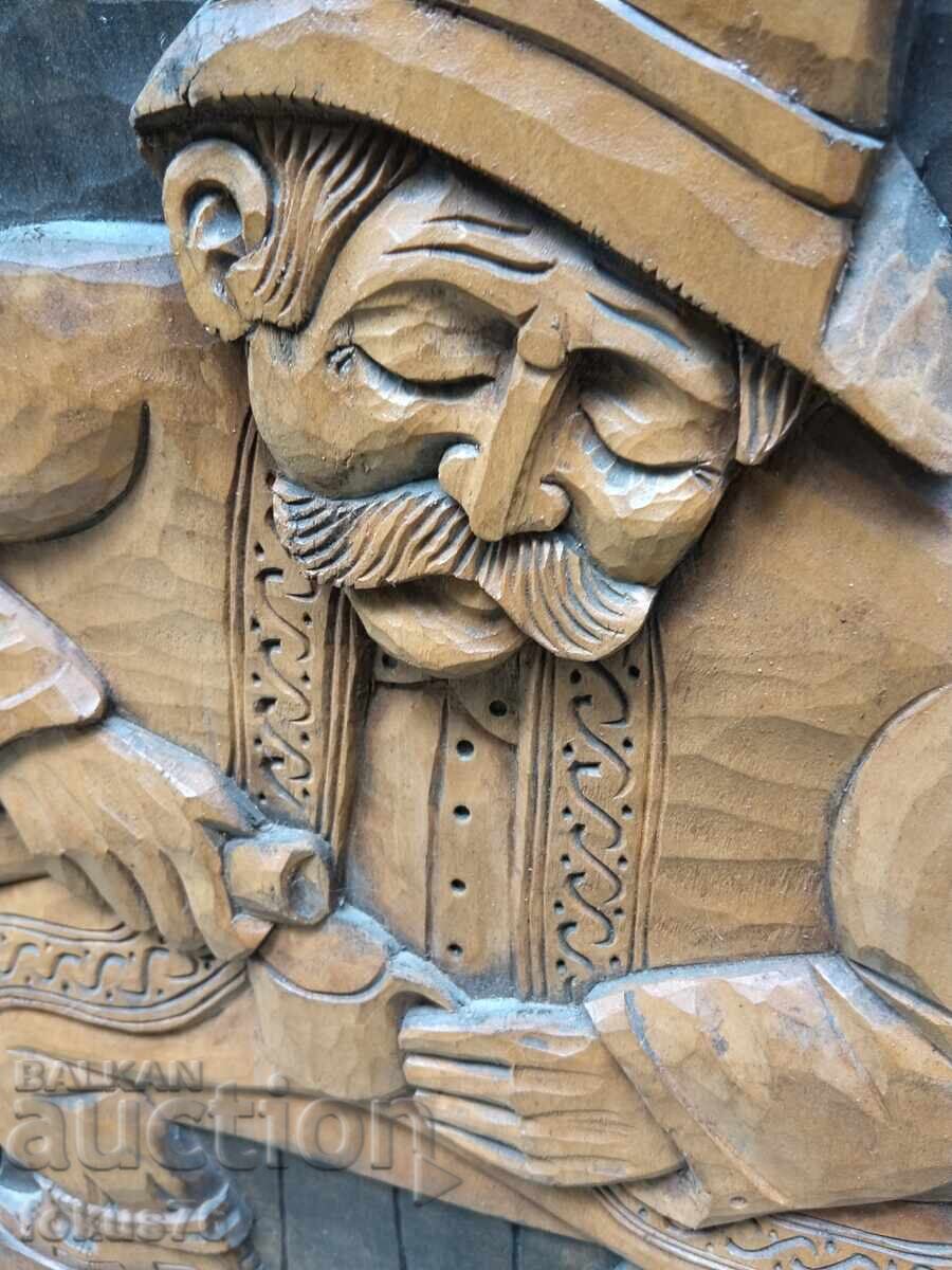 Delivery of Unique large wooden panel wood carving - grandfather pouring rakia Delivery of Unique large wooden panel wood carving - grandfather pouring rakia