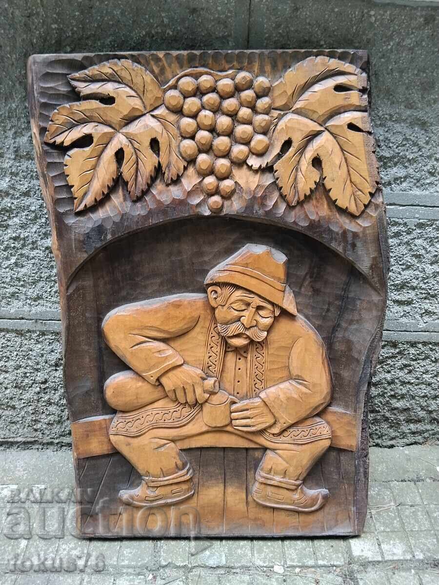 Unique large wooden panel wood carving - grandfather pouring rakia Unique large wooden panel wood carving - grandfather pouring rakia