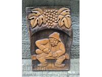Unique large wooden panel wood carving - grandfather pouring rakia