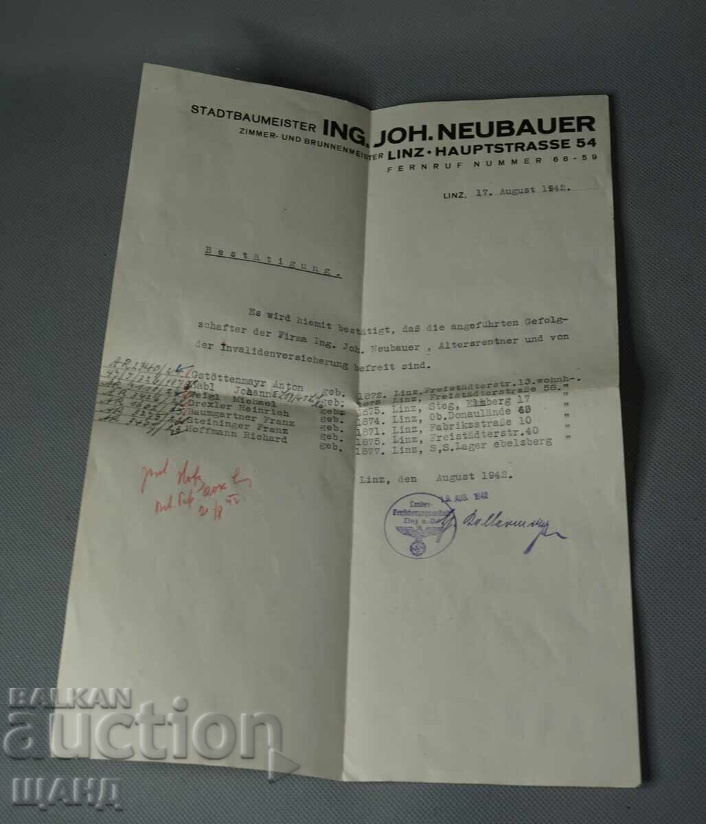 1942 Γερμανία Ναζιστικό έγγραφο χάρτης σφραγίδες σφραγίδα σβάστικα