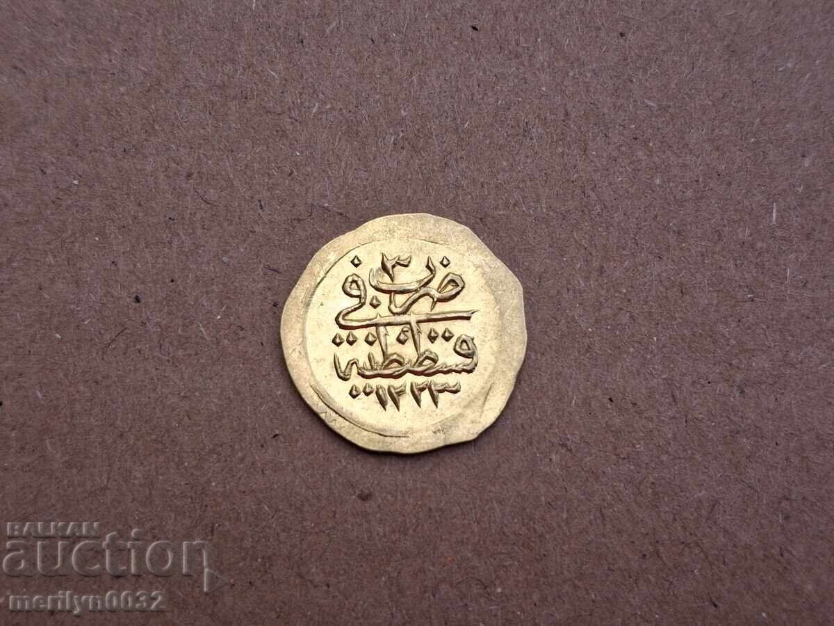 Monedă otomană 1/4 altin /zeri mahbub/ anul 1223 Mahmud II
