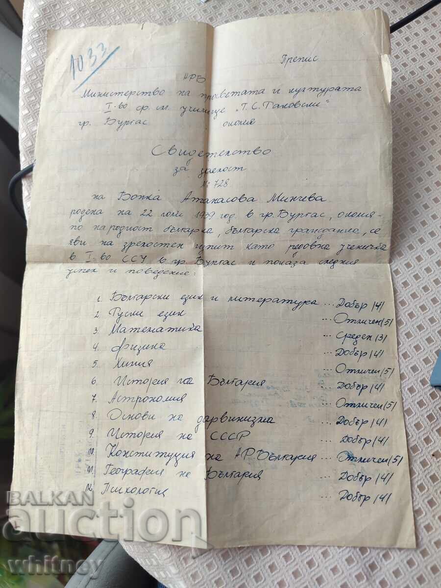 Препис Свидетелство за зрелост