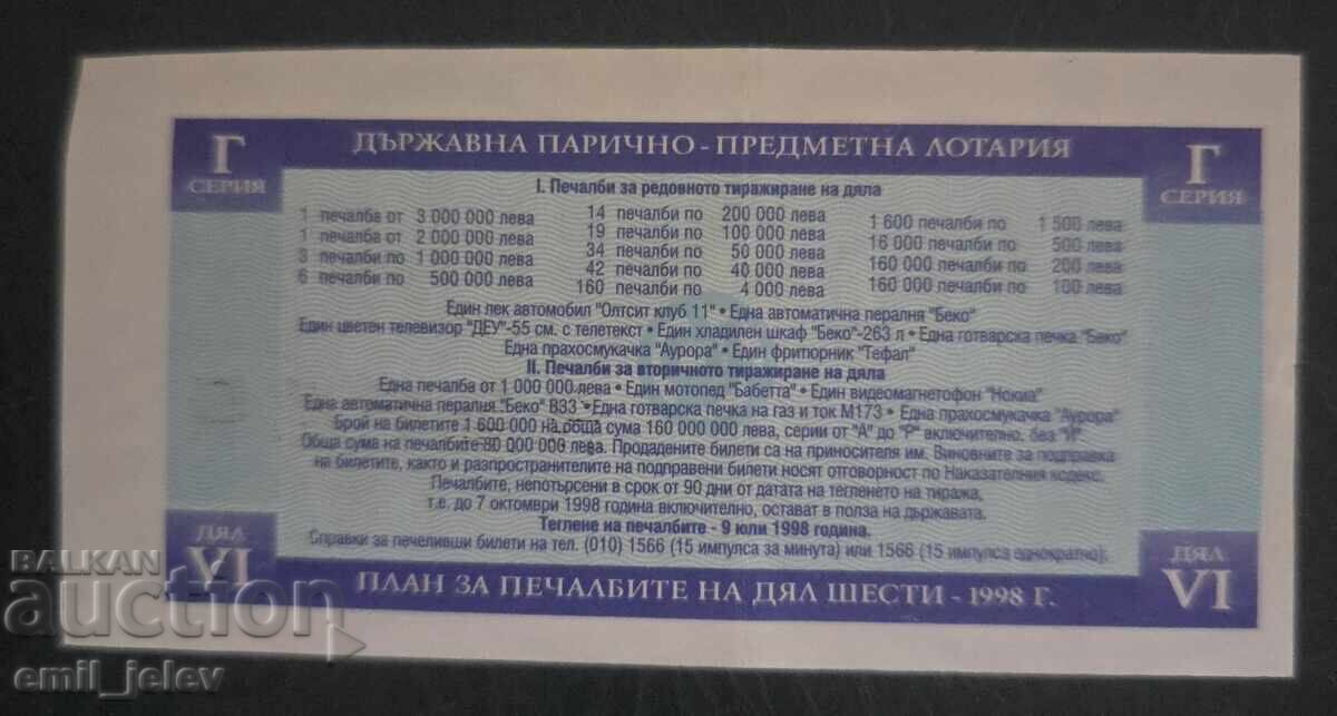 Bilet de loterie-Loteria de Stat-anul 1998. Partea VI cu preț € 0.99 | 1.94 BGN