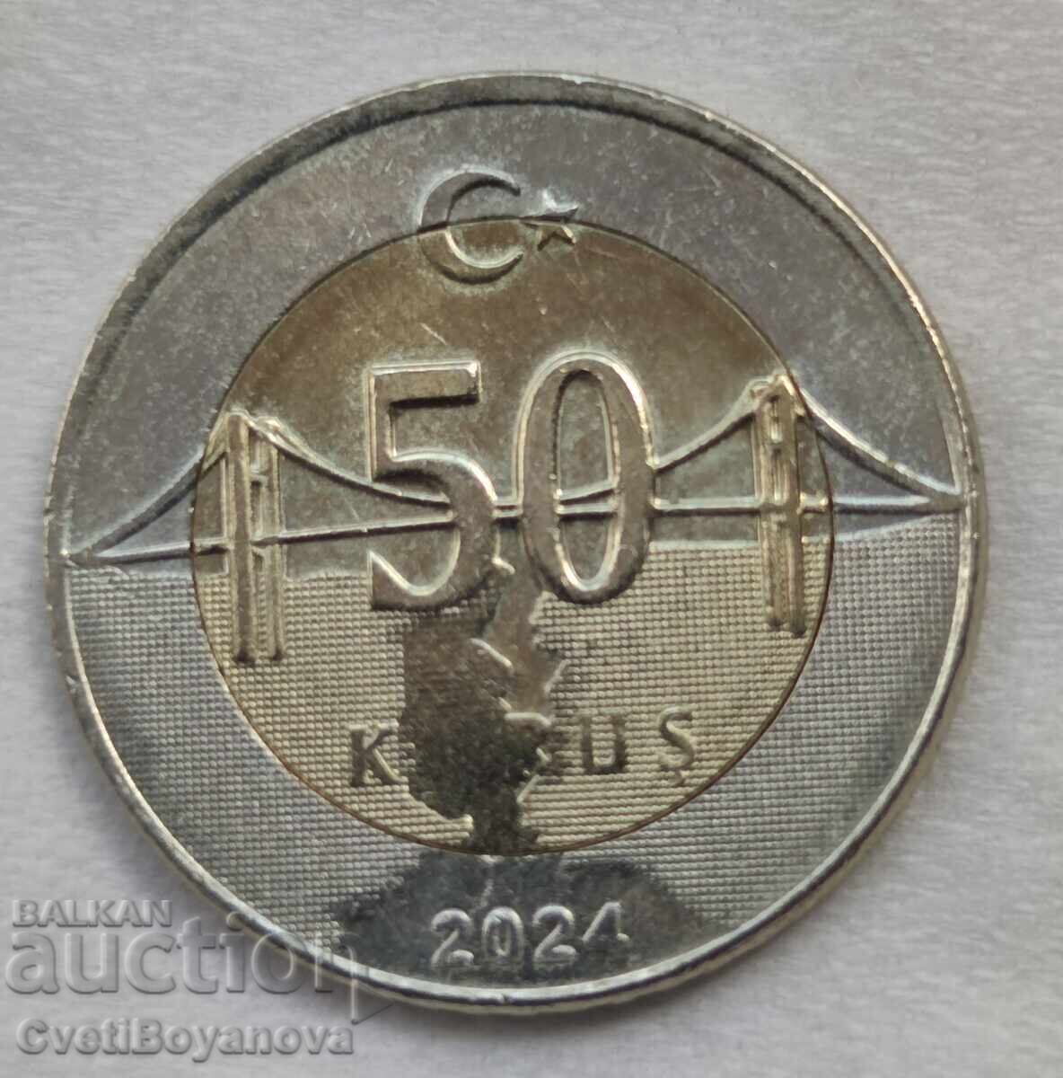 Turcia 50 kuruș 2024 literă lipsă și centru deplasat cu preț € 80.00 | 156.47 BGN