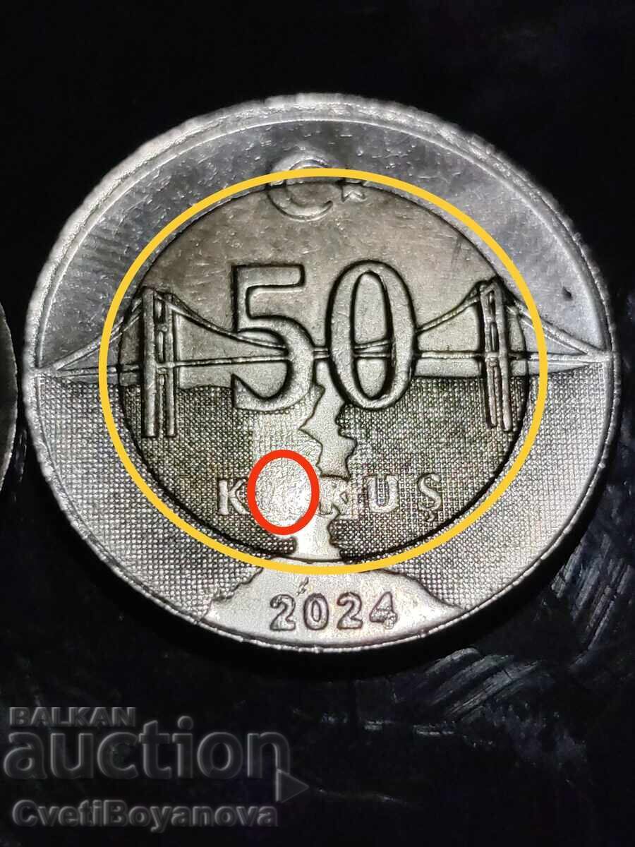 Livrarea Turcia 50 kuruș 2024 literă lipsă și centru deplasat