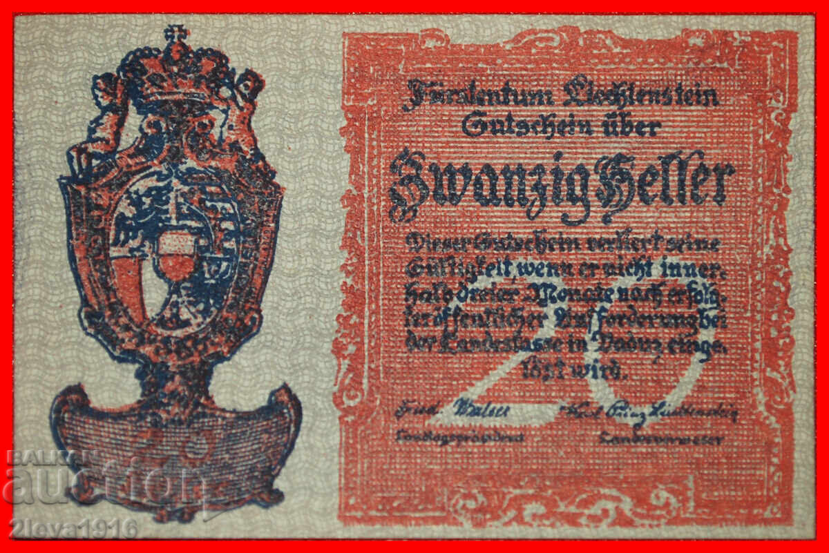 Ⰺ VADUZ: LIECHTENSTEIN★20 HELLER (1920) UNC~CRISP! UNCOMMON!