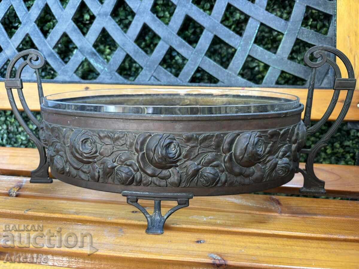 Art Nouveau/Secession bronze+crystal fruit bowl, France, 19th c