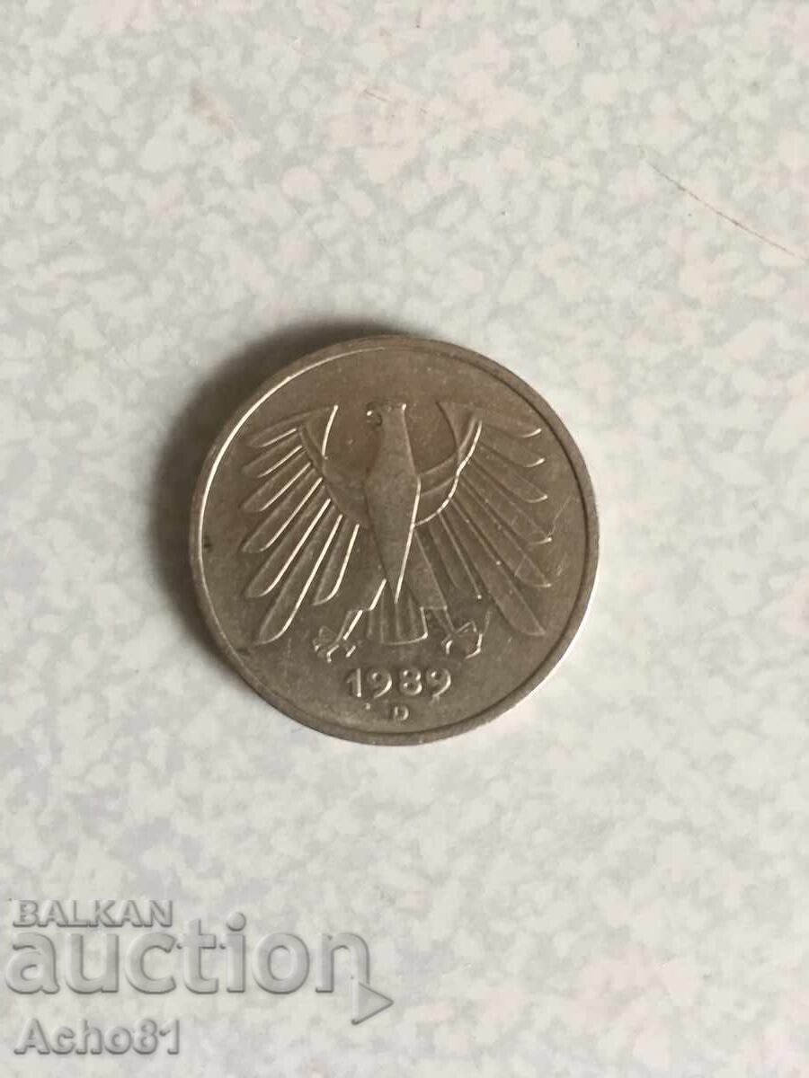 5 дойче марки монета 1989г с цена € 4.00 | 7.82 лв.