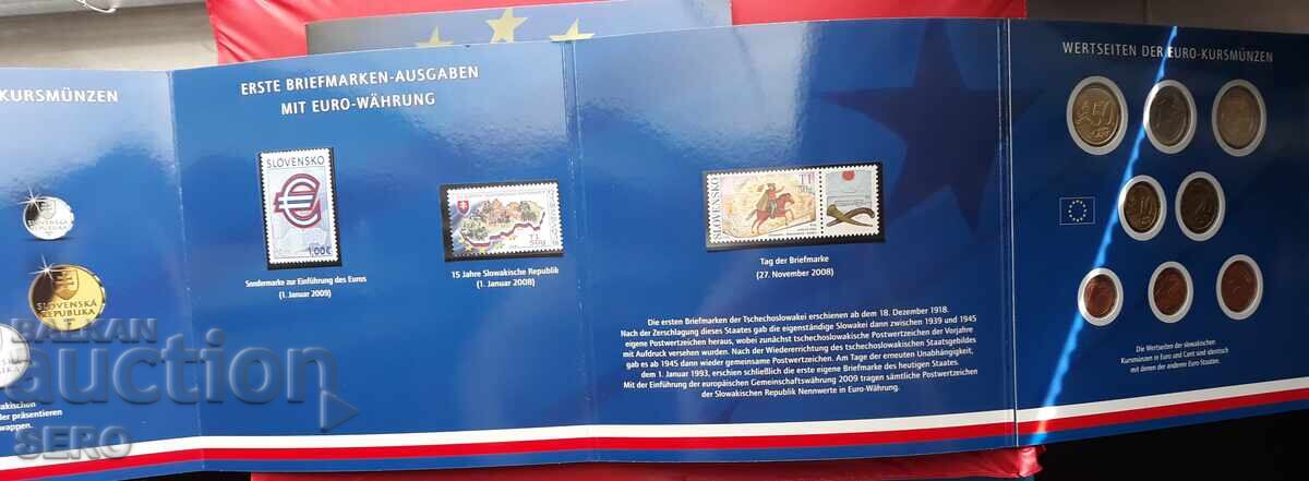 Livrarea Slovacia-SET 2009 din 8 monede euro + 3 timbre poștale
