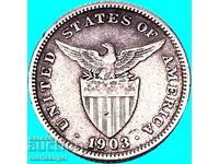20 centavos 1903 Filipine SUA 5.38g - Foarte rară