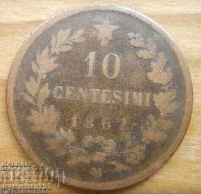 10 чентесими 1862 г. - Италия 10 чентесими 1862 г. - Италия