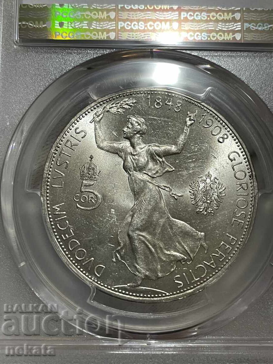 Licitație Austria 5 coroane 1908 MS62 PCGS