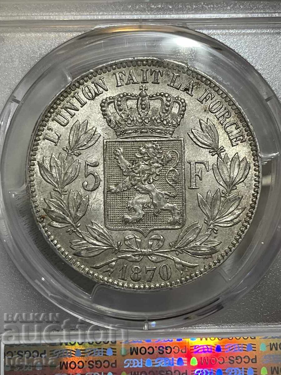 Auction  Belgium 5 francs 1870 AU58 PCGS