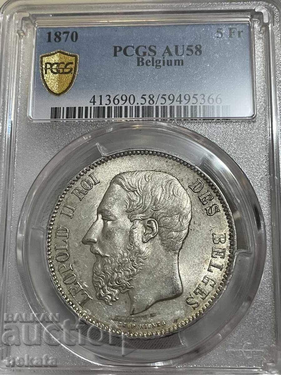 Belgium 5 francs 1870 AU58 PCGS