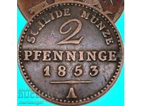 2 пфенига 1853 Прусия Германия медна монета