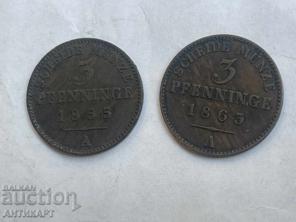 Γερμανία 2 νομίσματα των 3 pfennige 1855, 1863 εξαιρετικά