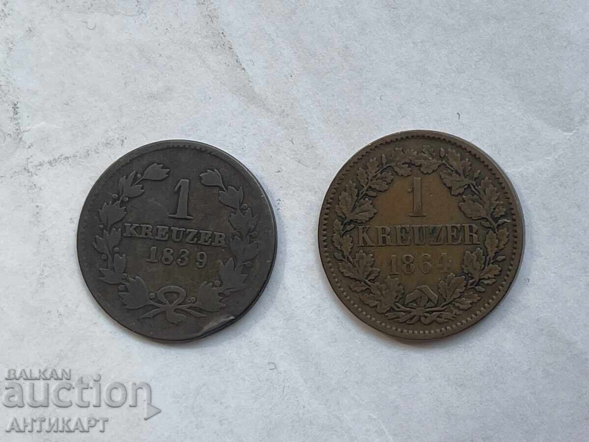 Германия 2 броя монета 1 kreuzer 1839 и 1864 Баден