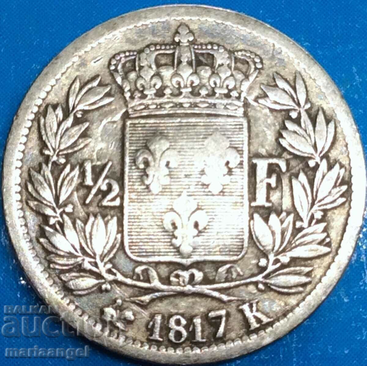 Franța 1/2 franc 1817 Ludovic al XVIII-lea argint - rară - 6