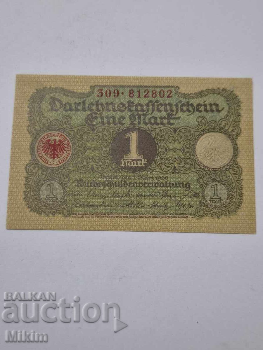 Банкнота 1 марка 1920г. Германия непрегъвана