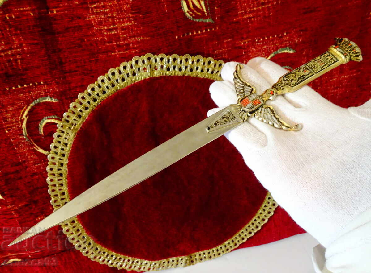 Dagger with sheath, Crown, Castle, Lion, Eagle, Shield, gold plating - 5