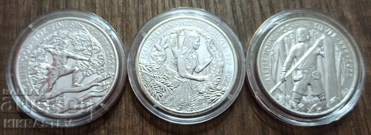 Monede: Robin Hood+Maid Marian+Little John-Marea Britanie-1oz argint