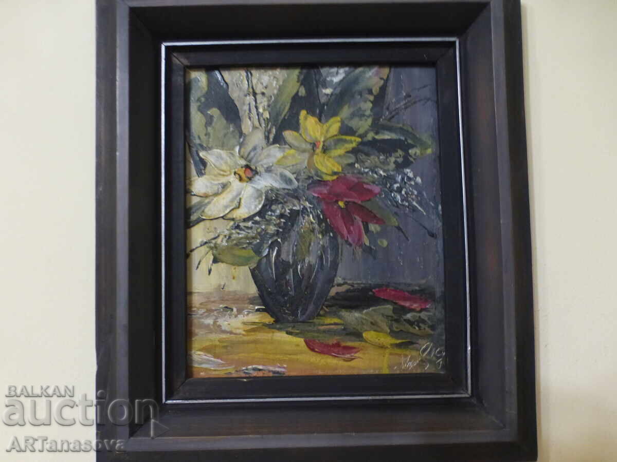NIKOLAY ATANASOV tablou Natură moartă "Vază cu flori" ulei 1990