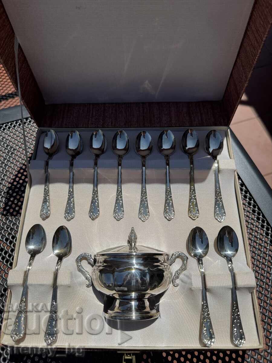 Set italian de lingurițe argintate + zaharniță, A.R.G. 100