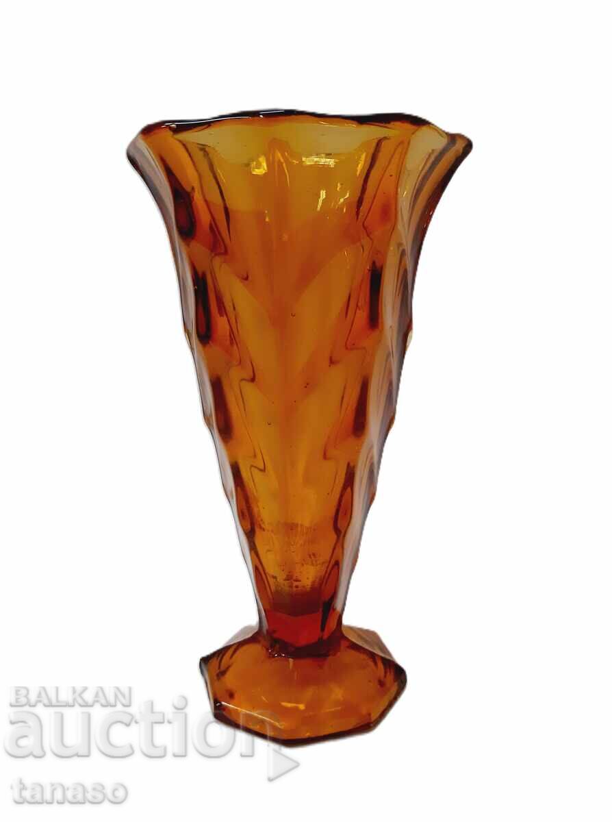 Vază vintage din sticlă portocalie cu design geometric 16,5 cm