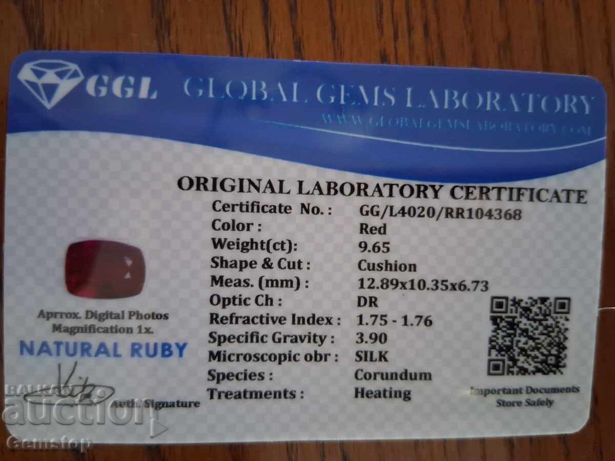 Livrarea Fără preț de rezervă! 9.65 ct. rubin natural tăietură cushion, certificat GGL, de la 1 leu! Livrarea Fără preț de rezervă! 9.65 ct. rubin natural tăietură cushion, certificat GGL, de la 1 leu!
