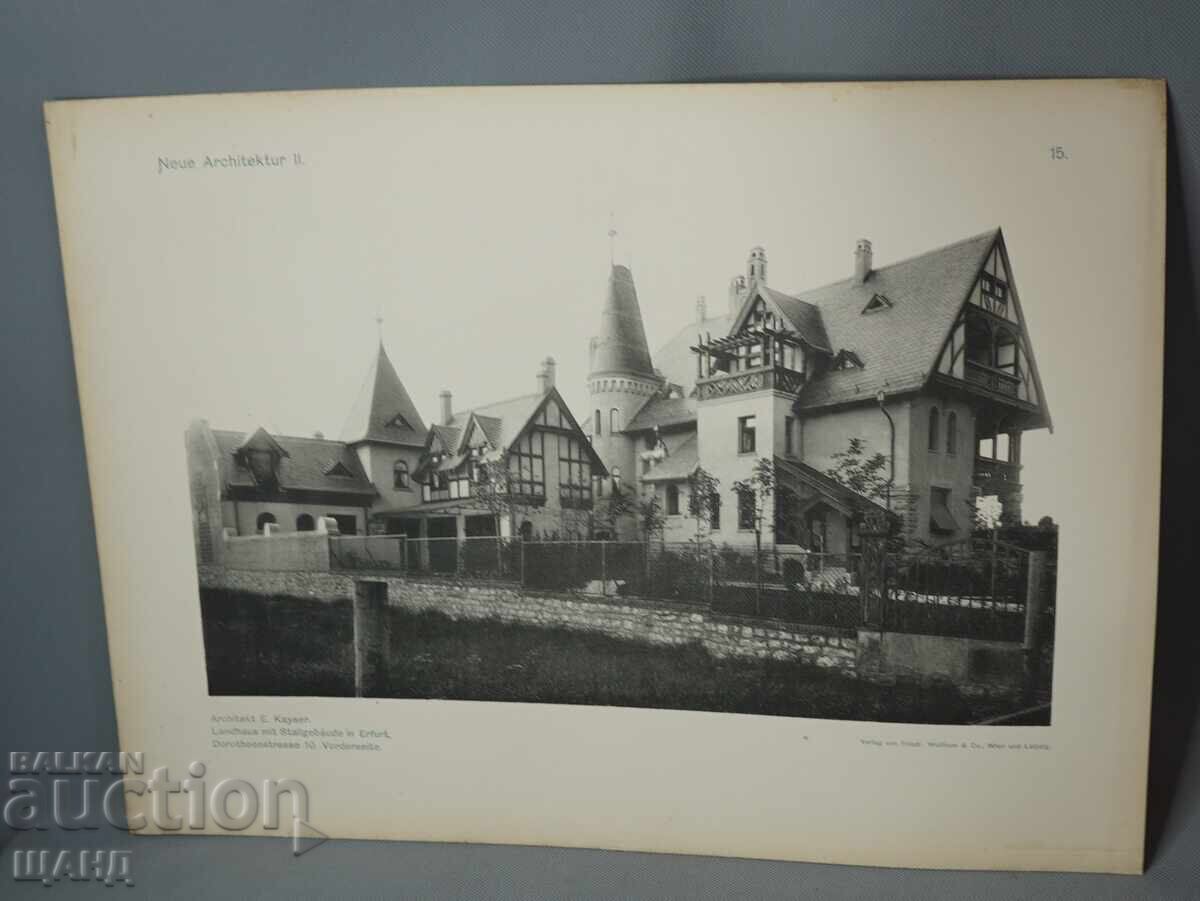 Litografie arhitecturală din Viena, 1900, vilă, clădire, casă