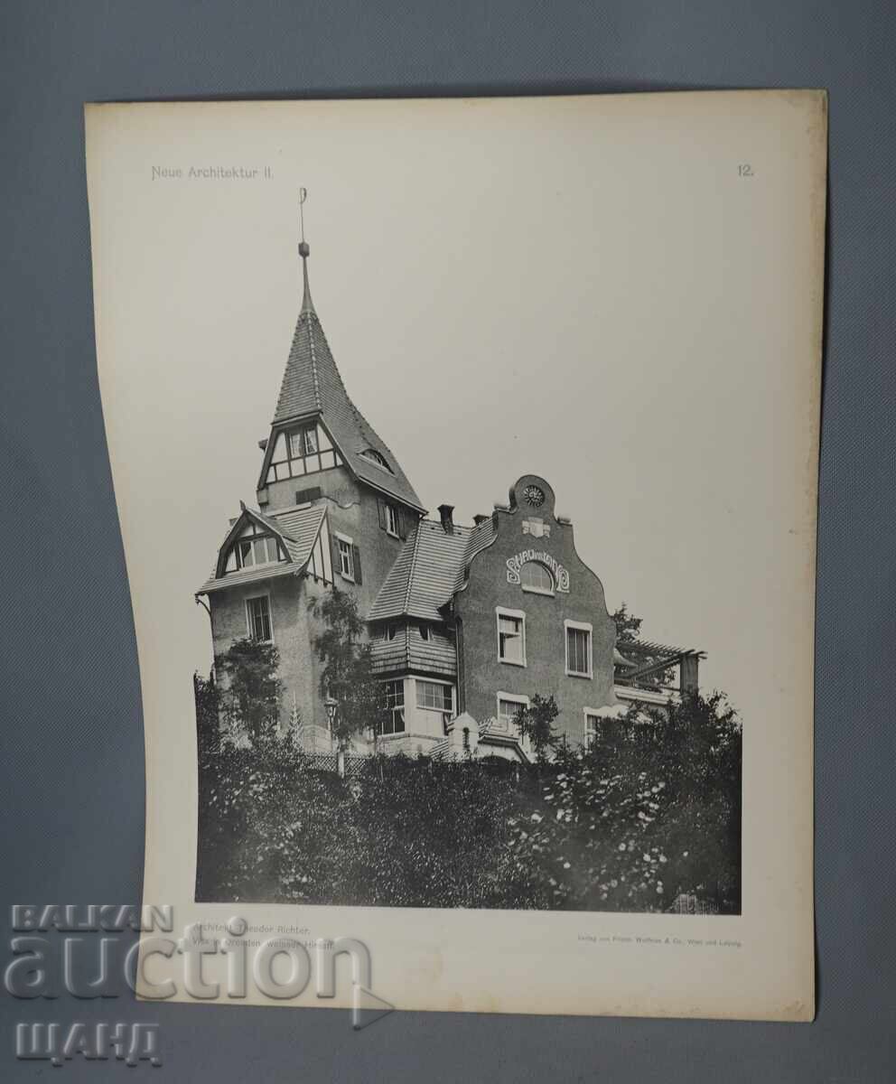 Litografie arhitecturală din Viena, 1900, vilă, clădire, casă