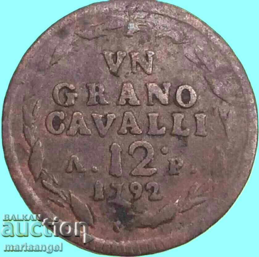 1 grano 12 cavalli (cani) 1792 Italia Napoli cupru mare