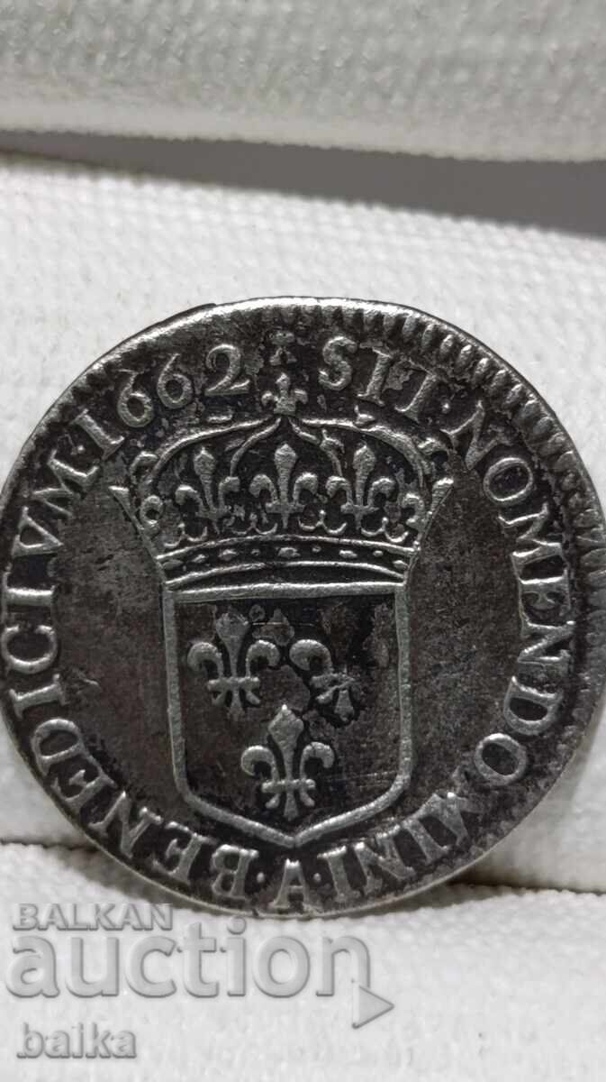 SILVER COIN 1/12 ECU 1662 *A* - LOUIS XIV, FRANCE SILVER COIN 1/12 ECU 1662 *A* - LOUIS XIV, FRANCE