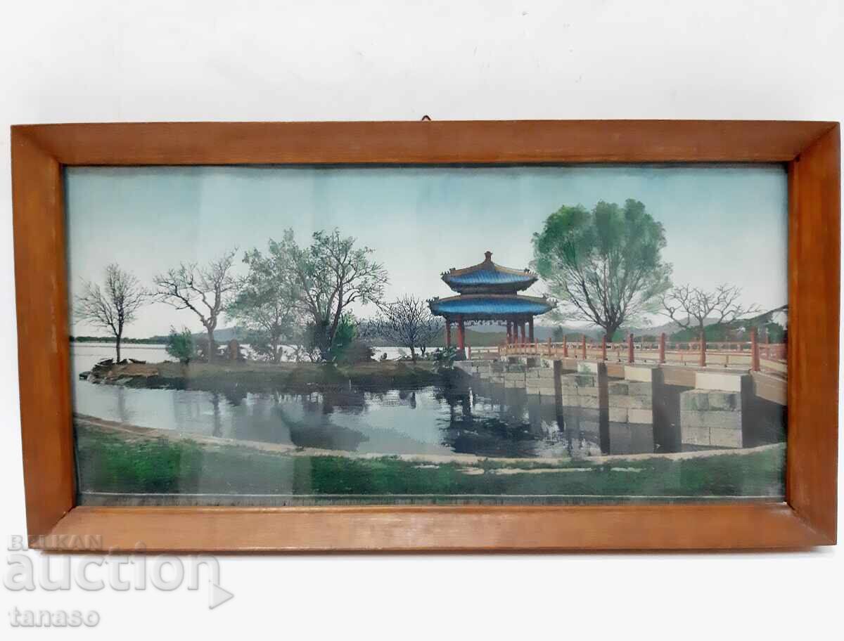 Tapițerie chinezească din mătase de la mijlocul secolului al XX-lea, pagodă, pod - 5 Tapițerie chinezească din mătase de la mijlocul secolului al XX-lea, pagodă, pod - 5