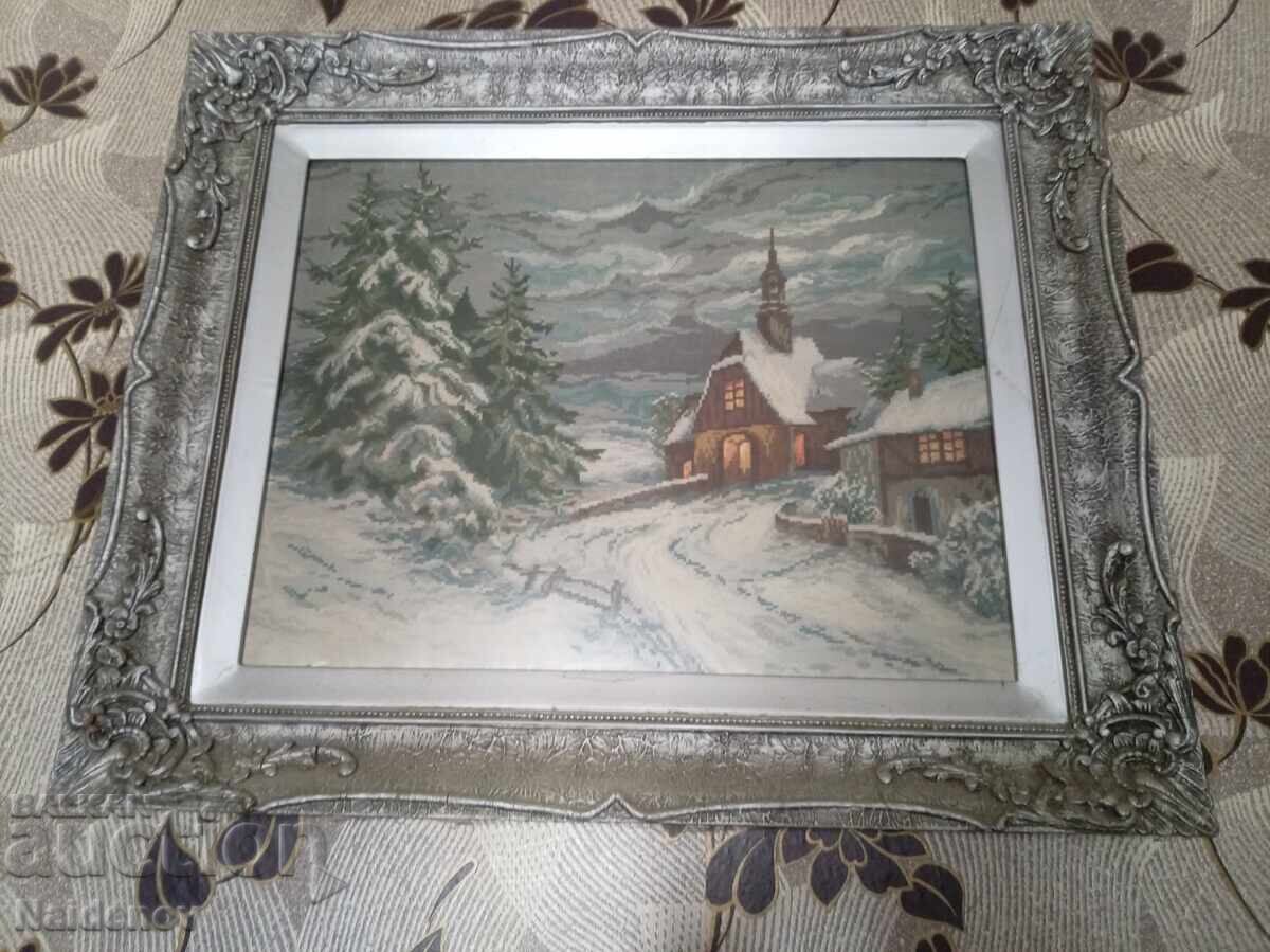 Auction  Large Vervaco tapestry Winter with a chapel