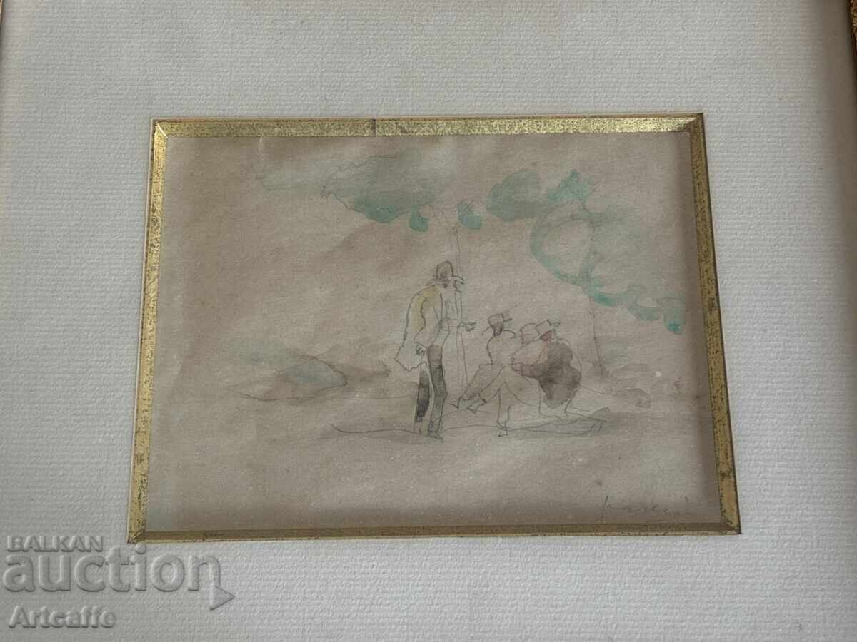 Livrarea Jules Pascin - acuarelă originală, semnată, înrămată, Franța