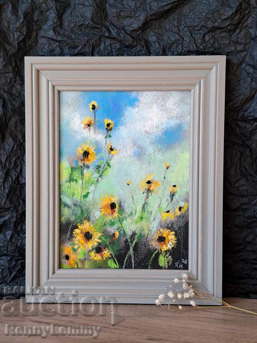 Floarea-soarelui tânără, pastel, tablou original cu preț € 35.00 | 68.45 BGN