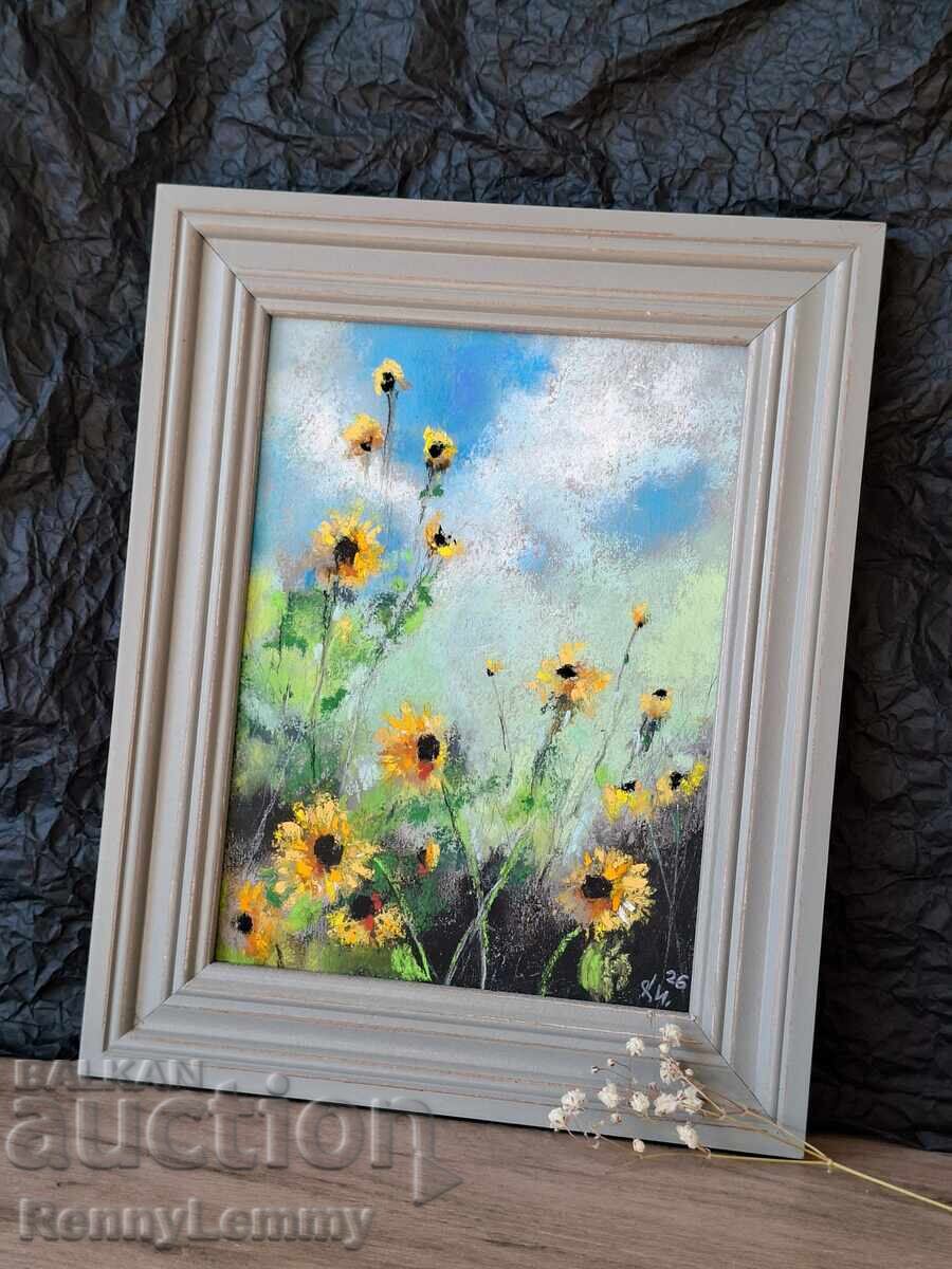 Licitație Floarea-soarelui tânără, pastel, tablou original