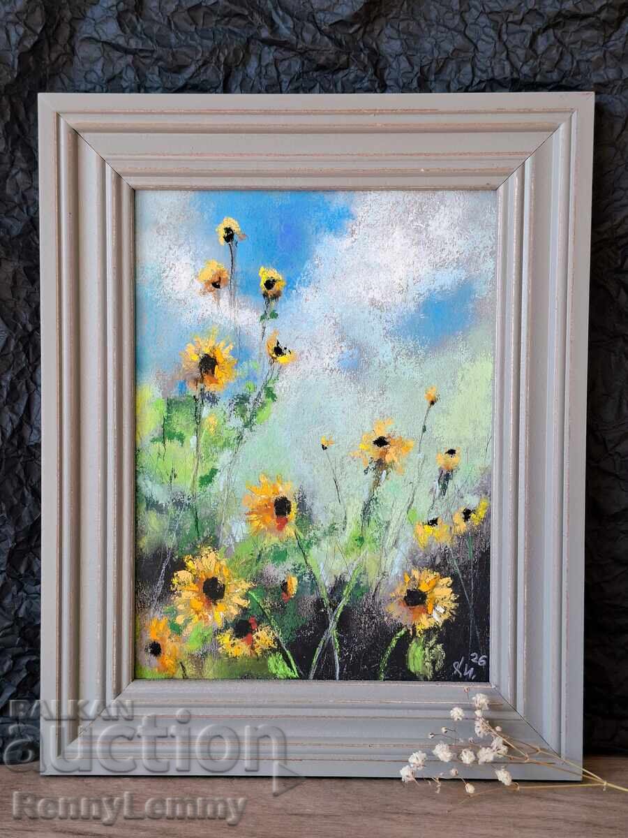 Floarea-soarelui tânără, pastel, tablou original