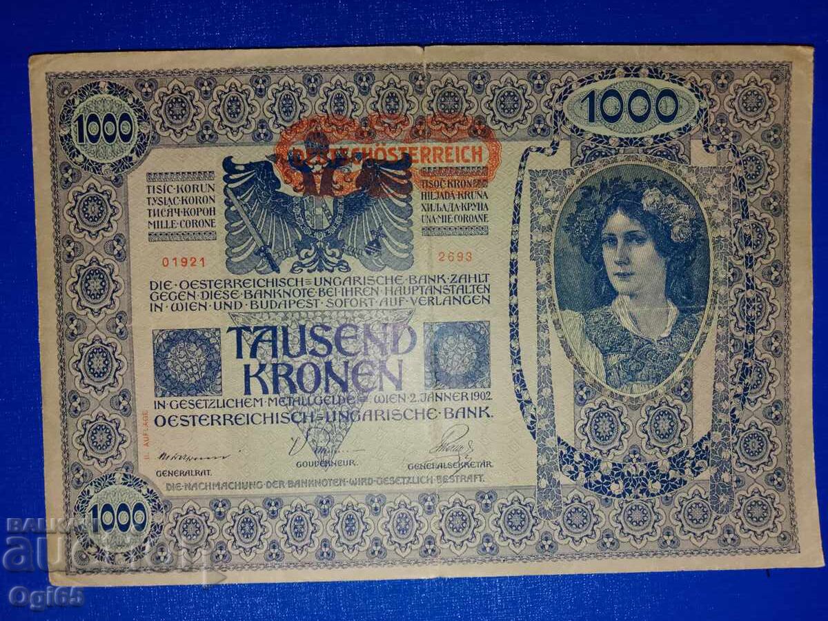 Стара банкнота от Австрия 1000 крони 1902 година в отлично с Стара банкнота от Австрия 1000 крони 1902 година в отлично с