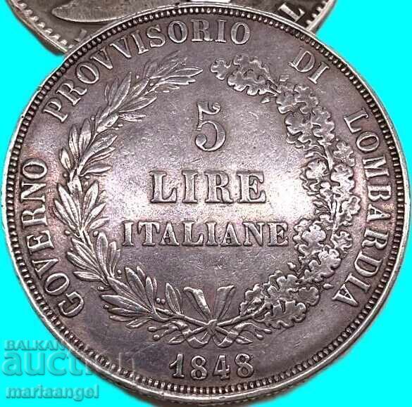 5 Лири 1848 Италия Талер Ломбардия 24,89г сребро - 6
