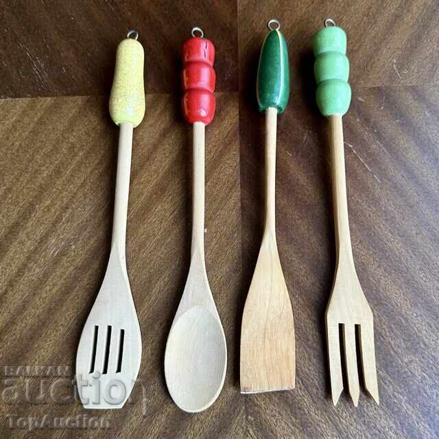 Vintage wooden kitchen utensil set on a stand with price € 5.00 | 9.78 BGN