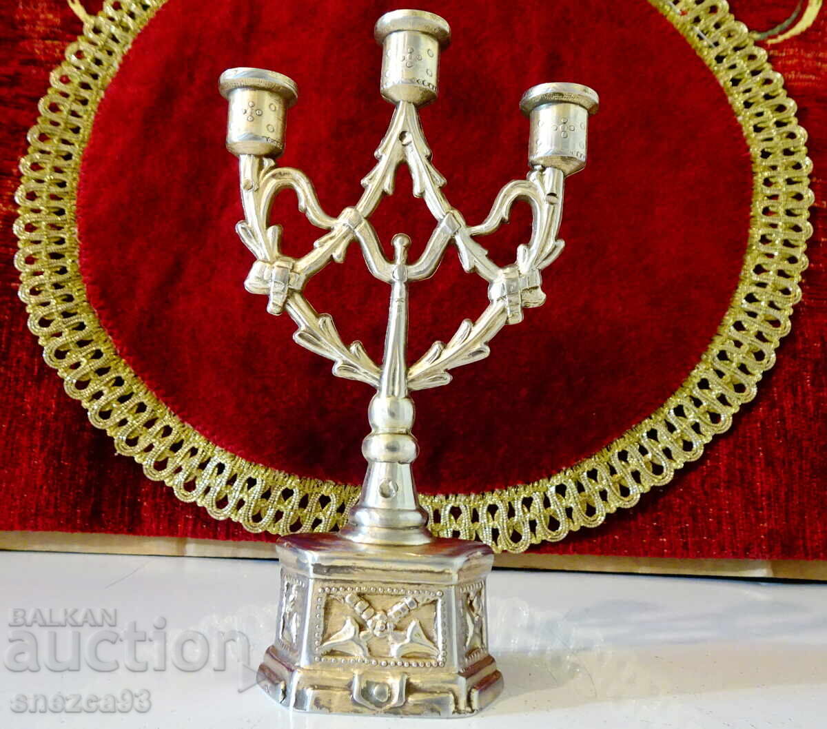 Sfeșnic din cositor, sfeșnic triplu Art Nouveau, placat cu aur