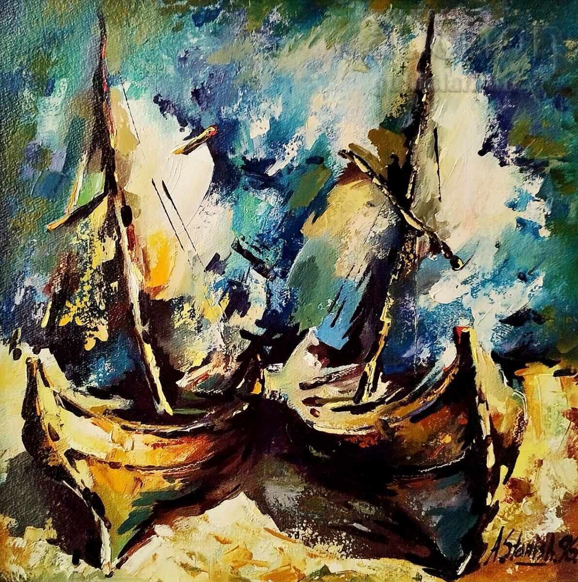 Картина, лодки, худ. Андрей Станишев, 1996 г. с цена € 220.00 | 430.28 лв.