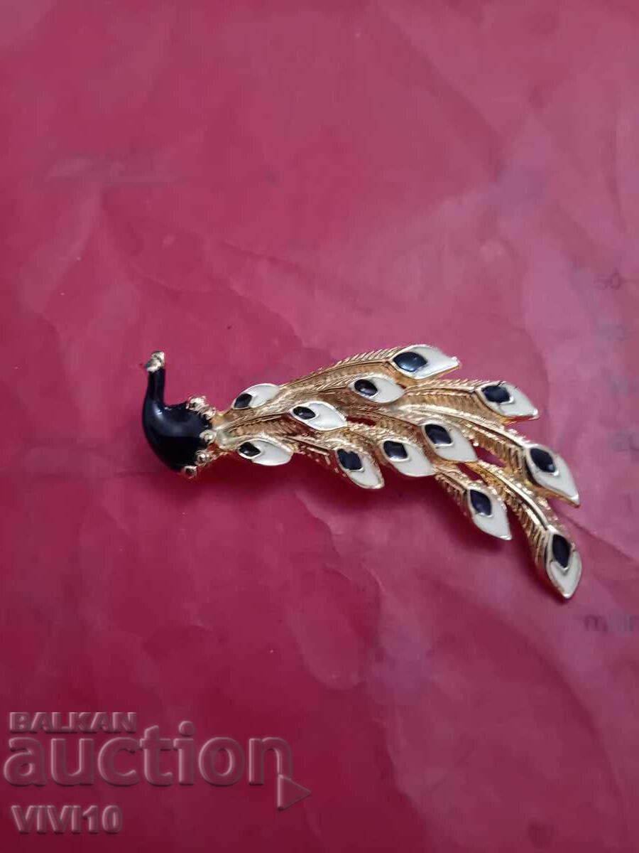 Antique enamel brooch, peacock